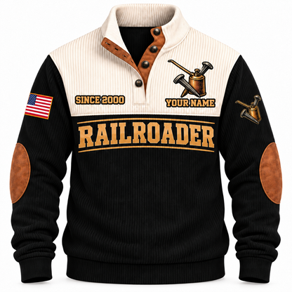 Personalized Railroader Built With Care Sports Sweatshirt — black standalone front with YOUR NAME and SINCE 2000 preview