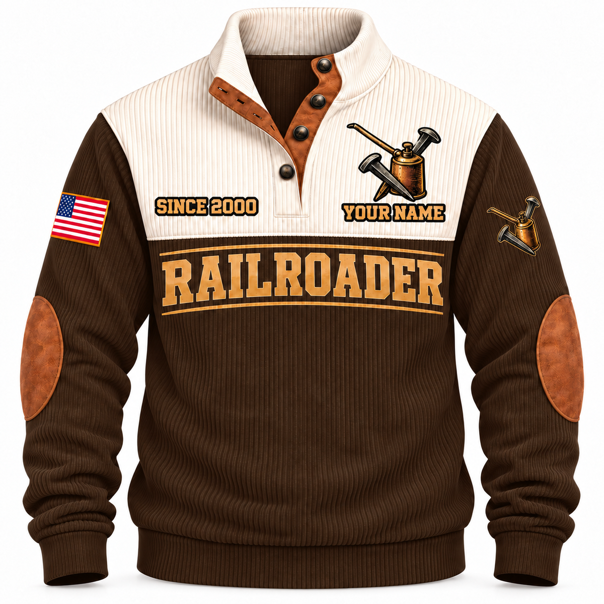Personalized Railroader Built With Care Sports Sweatshirt — brown standalone front with YOUR NAME and SINCE 2000 preview