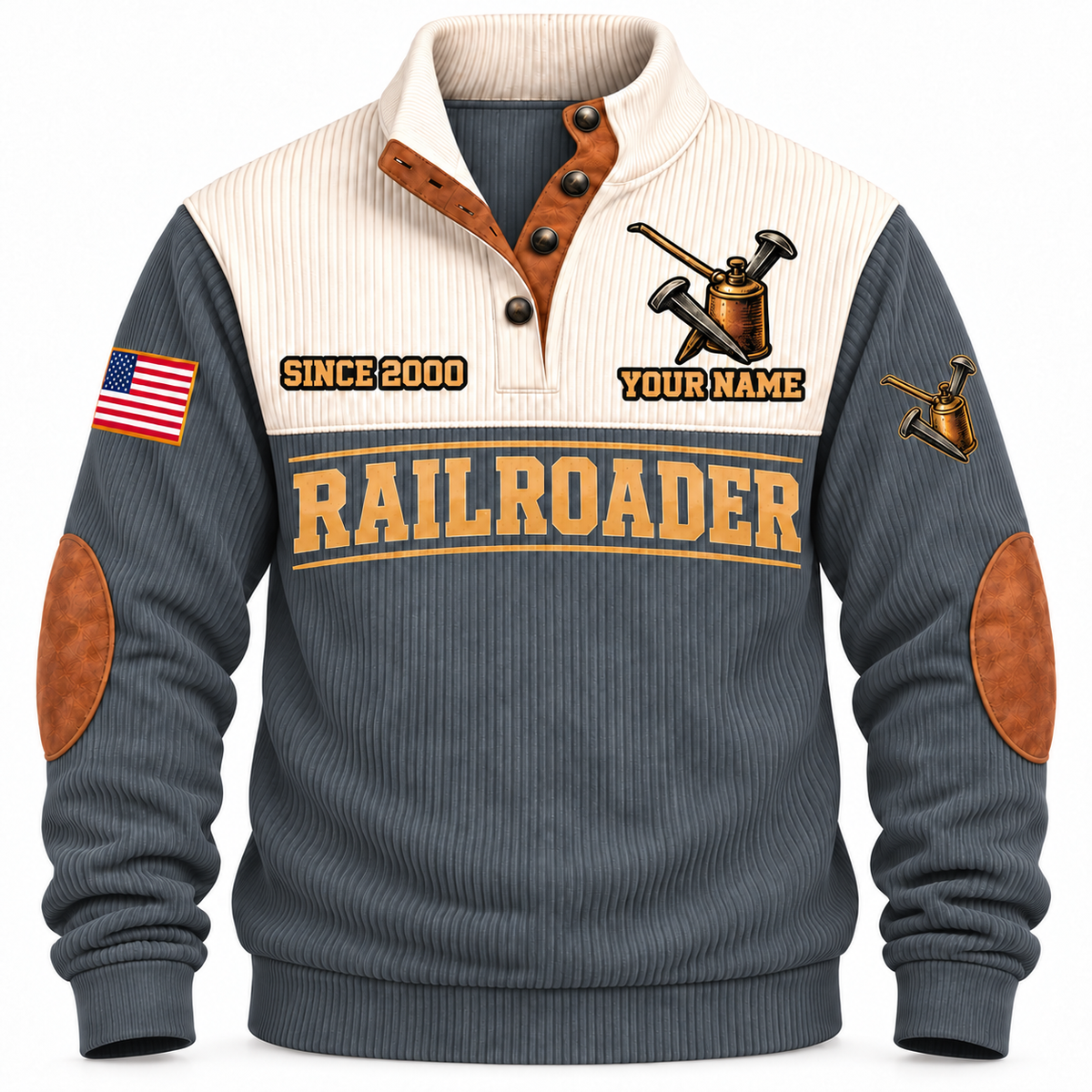 Personalized Railroader Built With Care Sports Sweatshirt — grey standalone front with YOUR NAME and SINCE 2000 preview