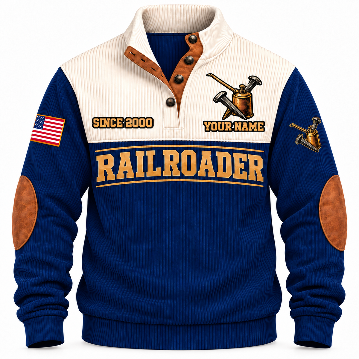 Personalized Railroader Built With Care Sports Sweatshirt — navy standalone front with YOUR NAME and SINCE 2000 preview