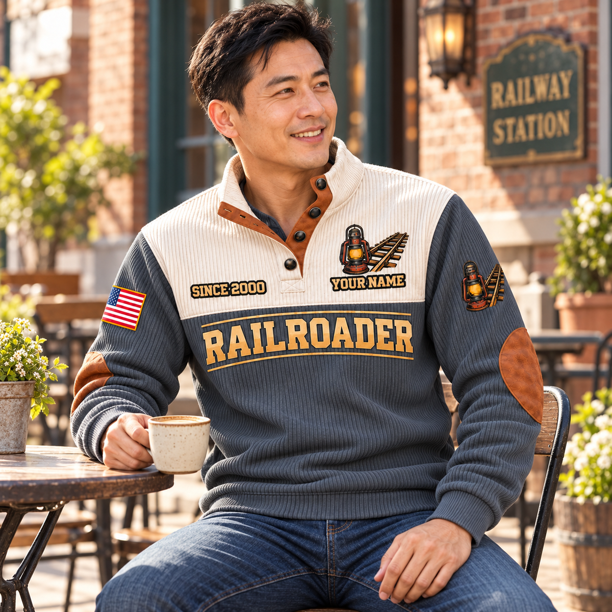 Personalized Railroader Shift Finished Sports Sweatshirt — Grey, lean adult man with short black hair, seated front three-quarter at an outdoor heritage-station cafe