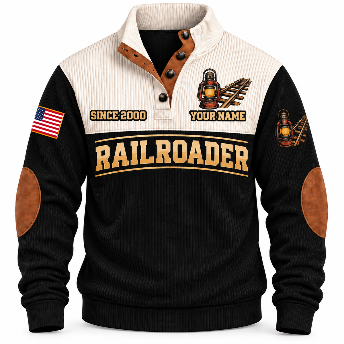 Personalized Railroader Shift Finished Sports Sweatshirt — black standalone front with YOUR NAME and SINCE 2000 preview