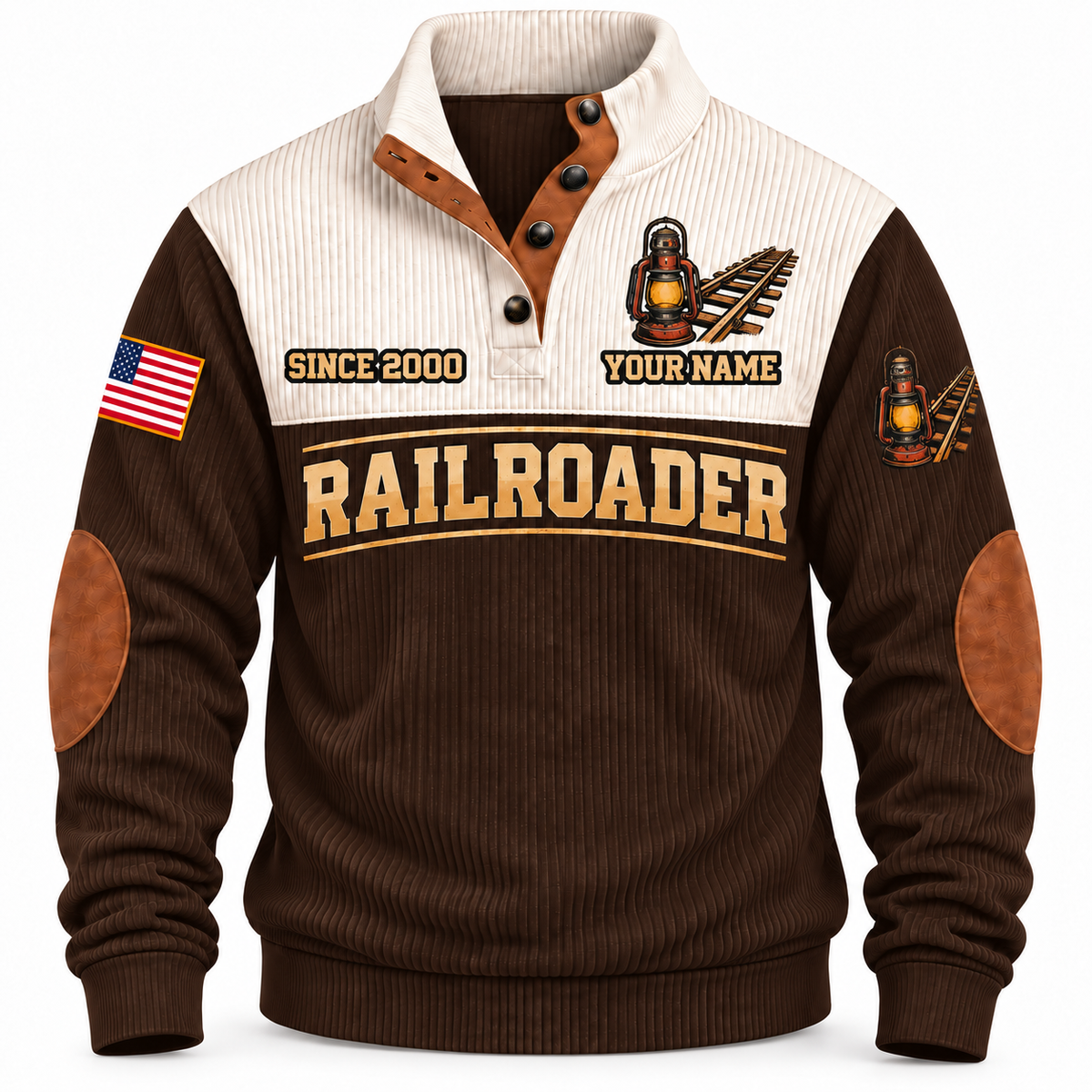 Personalized Railroader Shift Finished Sports Sweatshirt — brown standalone front with YOUR NAME and SINCE 2000 preview