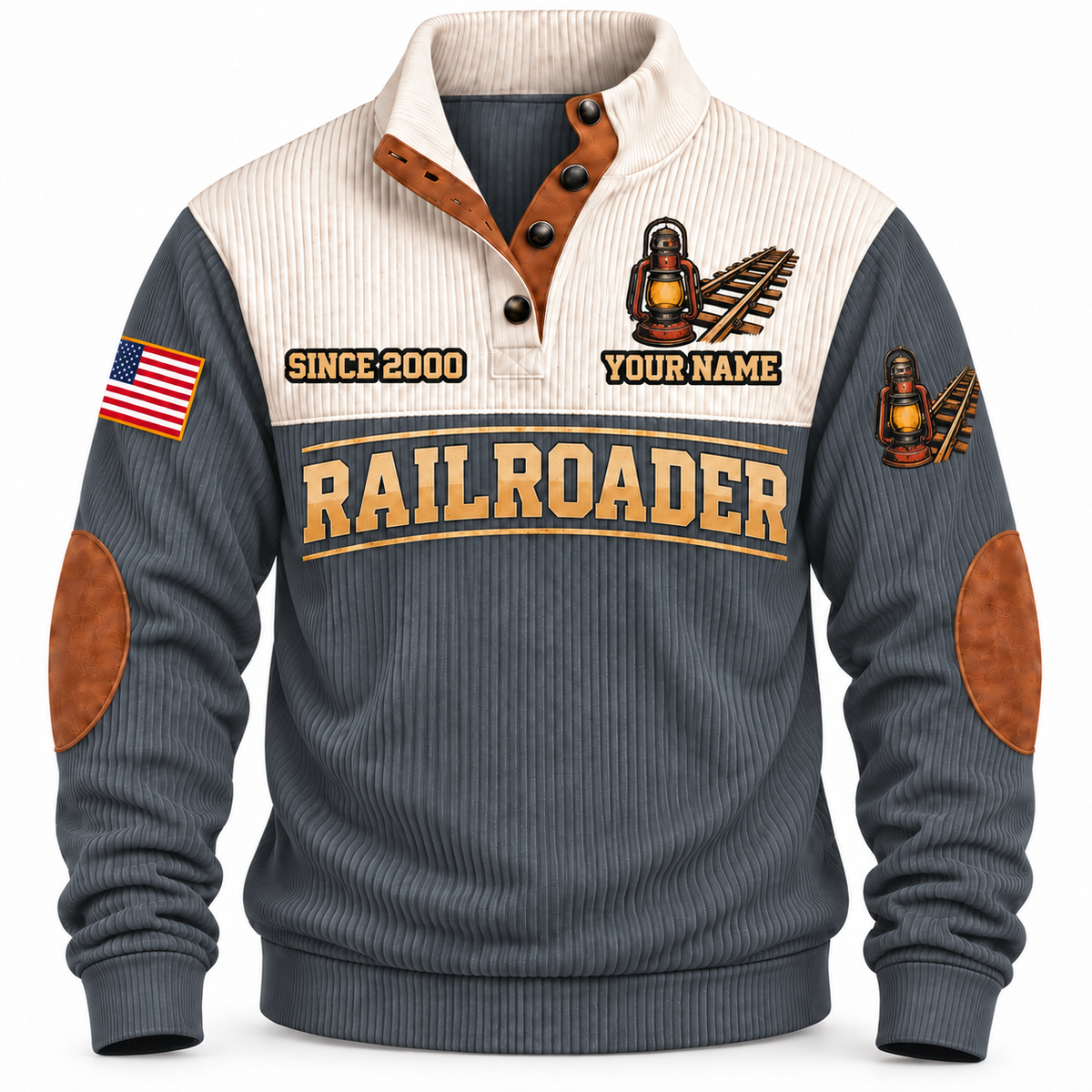 Personalized Railroader Shift Finished Sports Sweatshirt — grey standalone front with YOUR NAME and SINCE 2000 preview