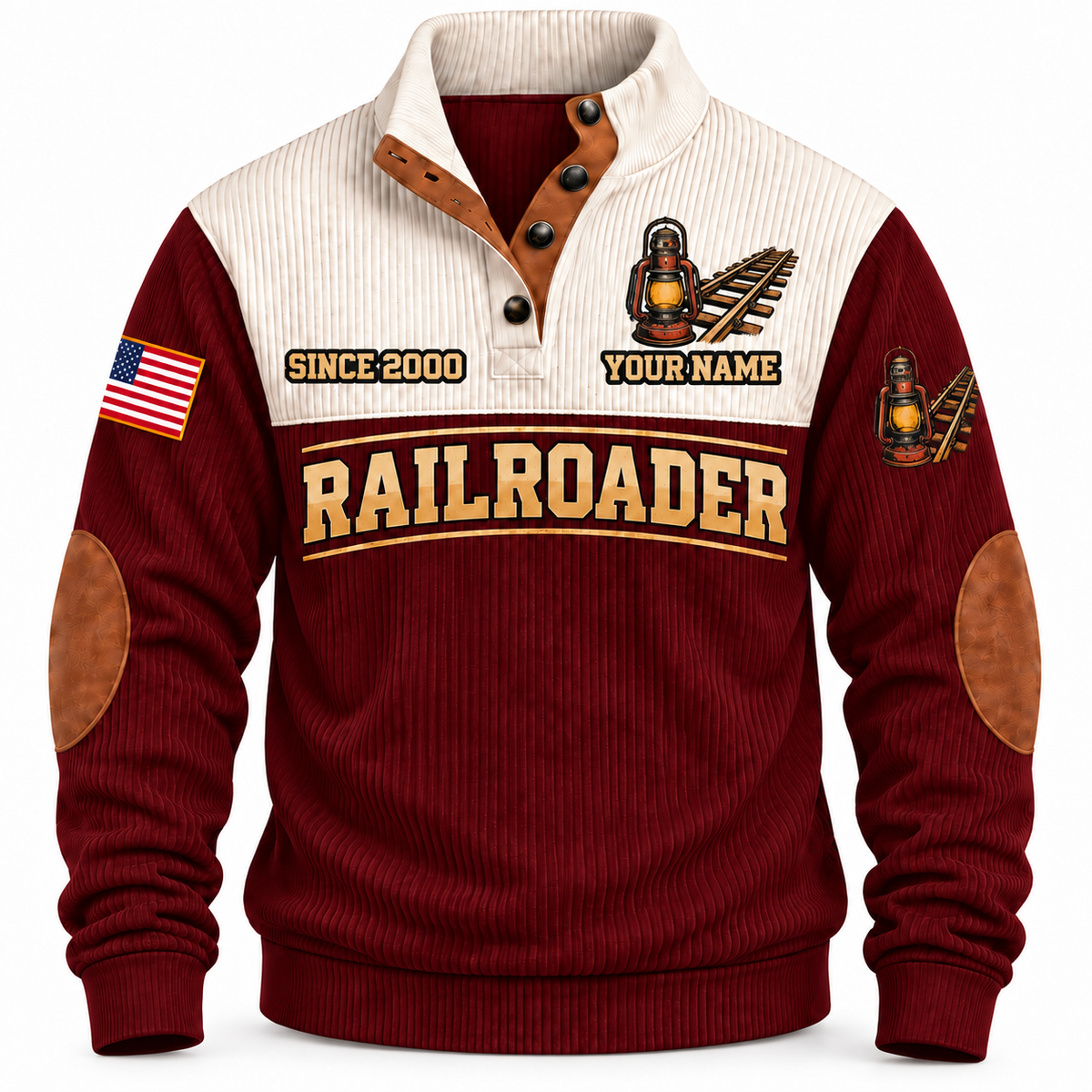 Personalized Railroader Shift Finished Sports Sweatshirt — jujube red standalone front with YOUR NAME and SINCE 2000 preview