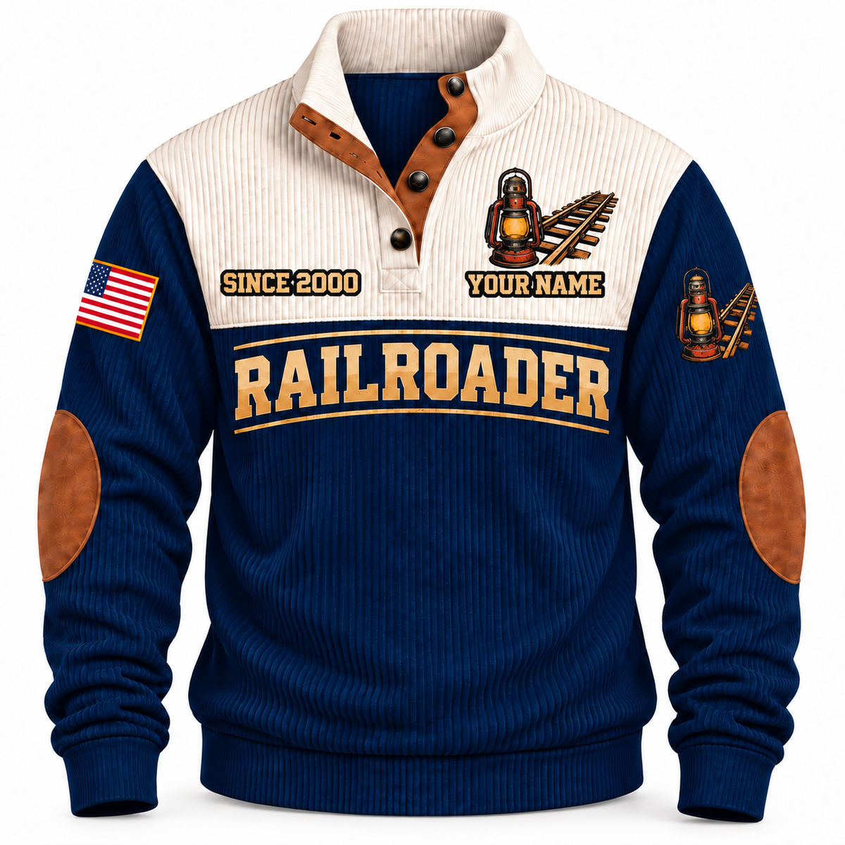Personalized Railroader Shift Finished Sports Sweatshirt — navy standalone front with YOUR NAME and SINCE 2000 preview