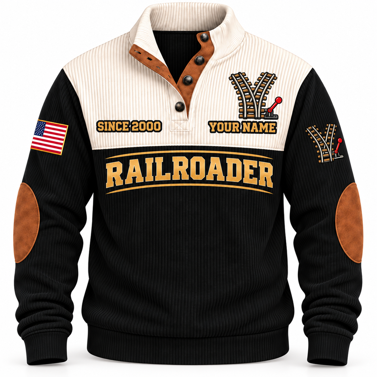 Personalized Railroader Track Perfection Sports Sweatshirt — black standalone front with YOUR NAME and SINCE 2000 preview