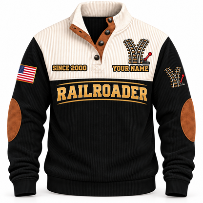 Personalized Railroader Track Perfection Sports Sweatshirt — black standalone front with YOUR NAME and SINCE 2000 preview