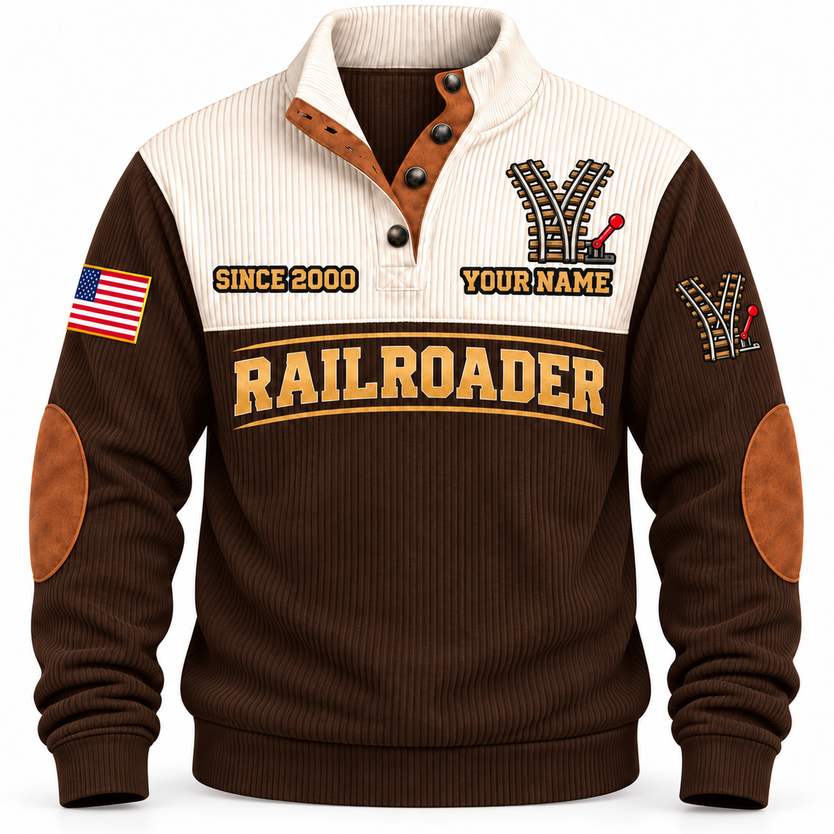 Personalized Railroader Track Perfection Sports Sweatshirt — brown standalone front with YOUR NAME and SINCE 2000 preview