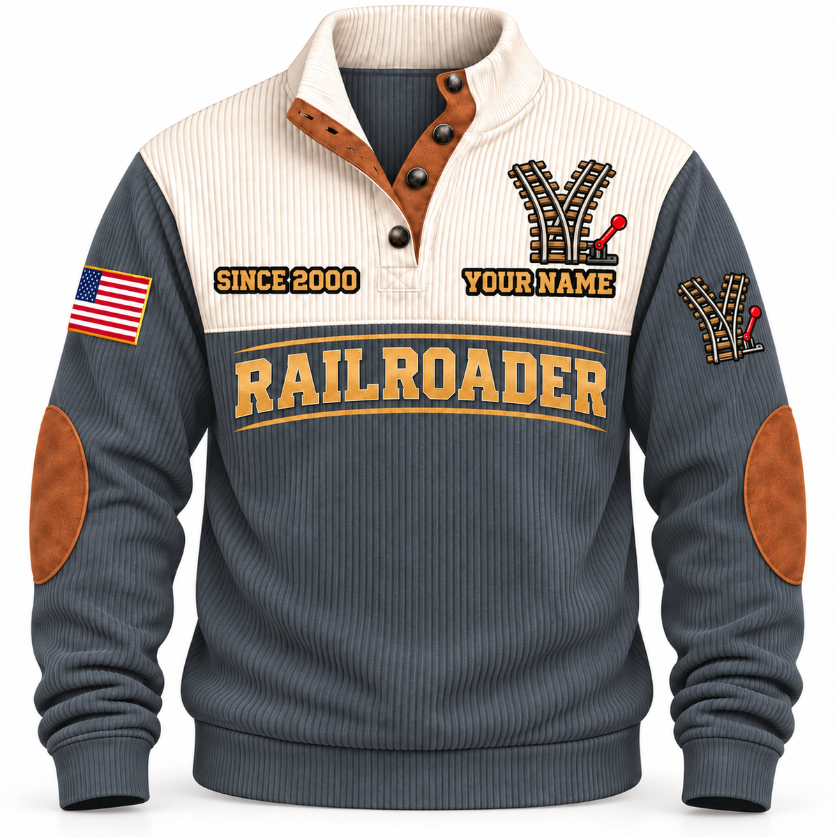 Personalized Railroader Track Perfection Sports Sweatshirt — grey standalone front with YOUR NAME and SINCE 2000 preview