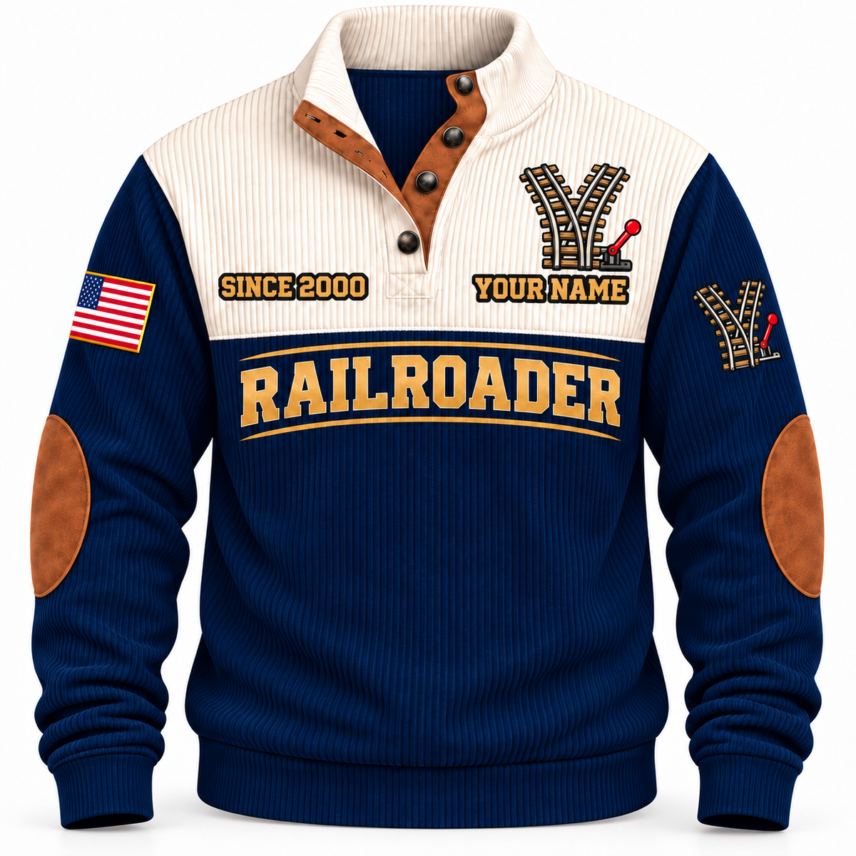 Personalized Railroader Track Perfection Sports Sweatshirt — navy standalone front with YOUR NAME and SINCE 2000 preview