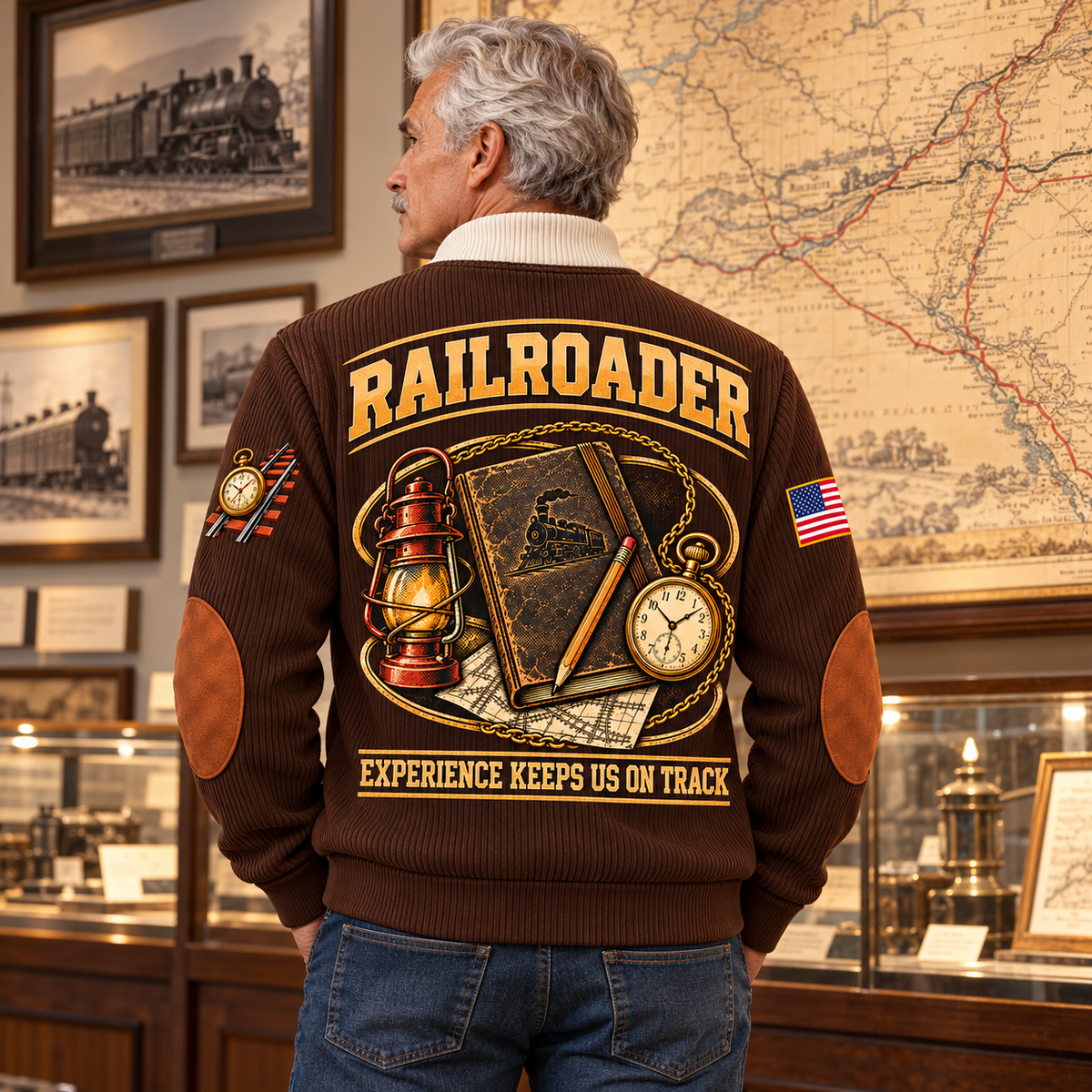 Personalized Railroader Knowledge Carried Forward Sports Sweatshirt — Brown, lean older adult with wavy silver hair and moustache, rear view studying a route-map exhibit in a railway-history gallery