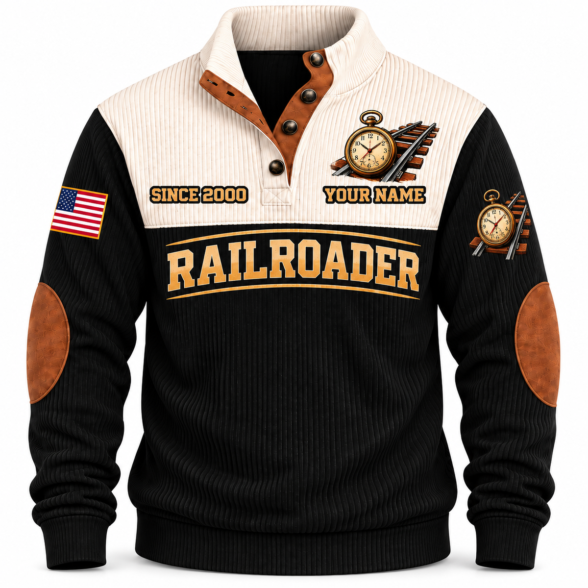 Personalized Railroader Knowledge Carried Forward Sports Sweatshirt — black standalone front with YOUR NAME and SINCE 2000 preview