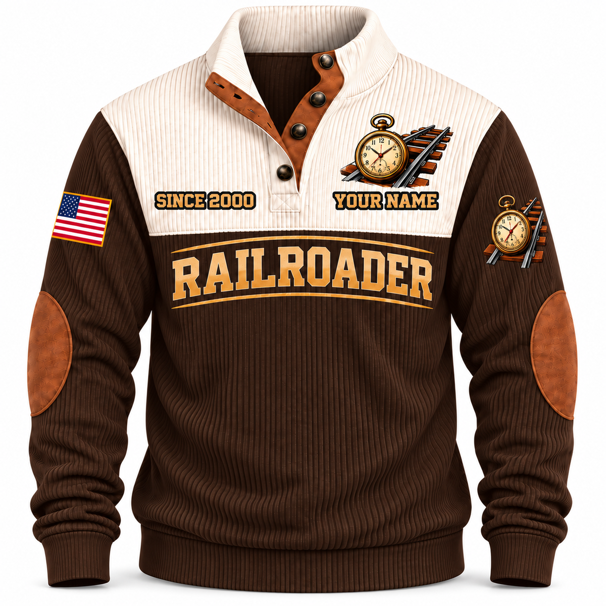 Personalized Railroader Knowledge Carried Forward Sports Sweatshirt — brown standalone front with YOUR NAME and SINCE 2000 preview