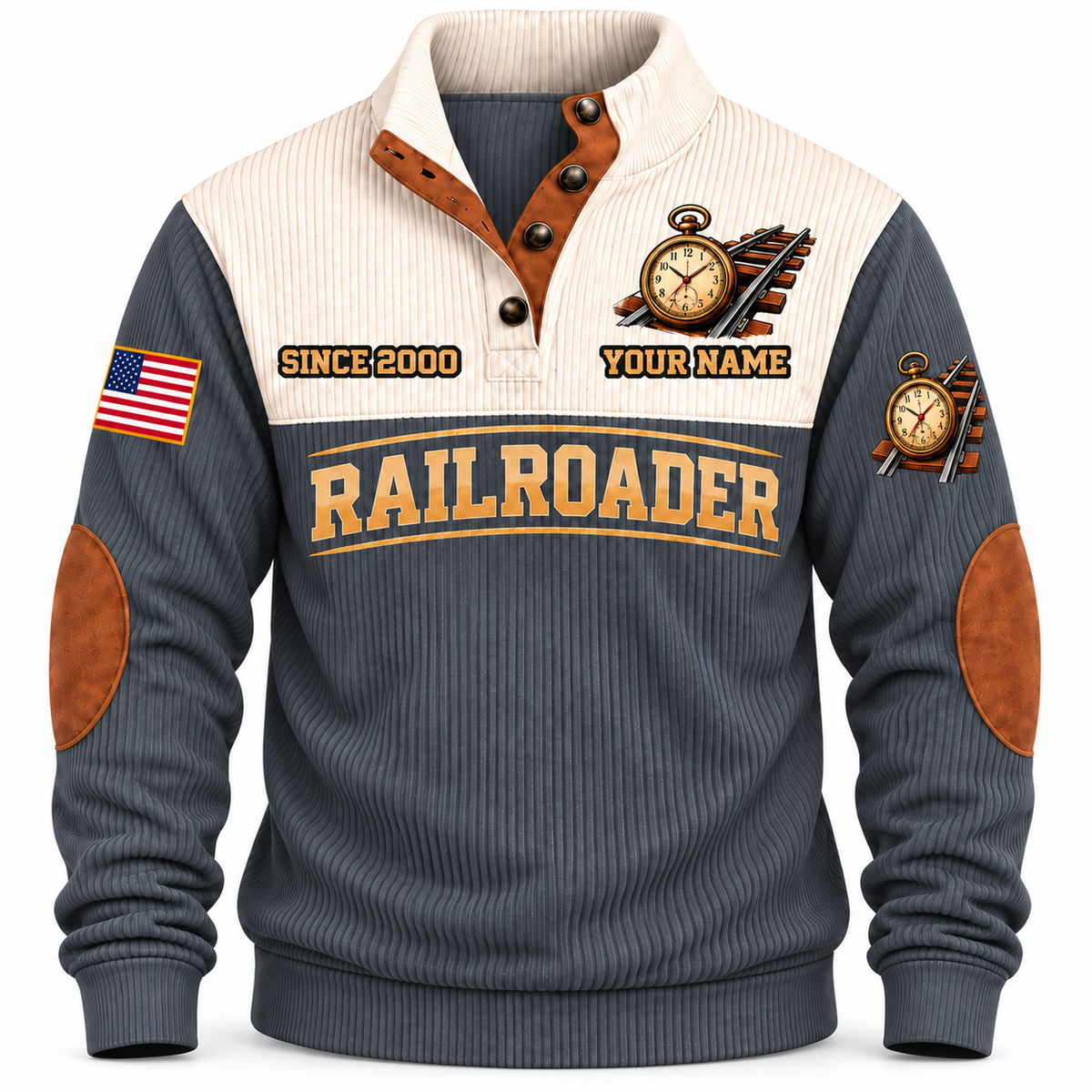 Personalized Railroader Knowledge Carried Forward Sports Sweatshirt — grey standalone front with YOUR NAME and SINCE 2000 preview