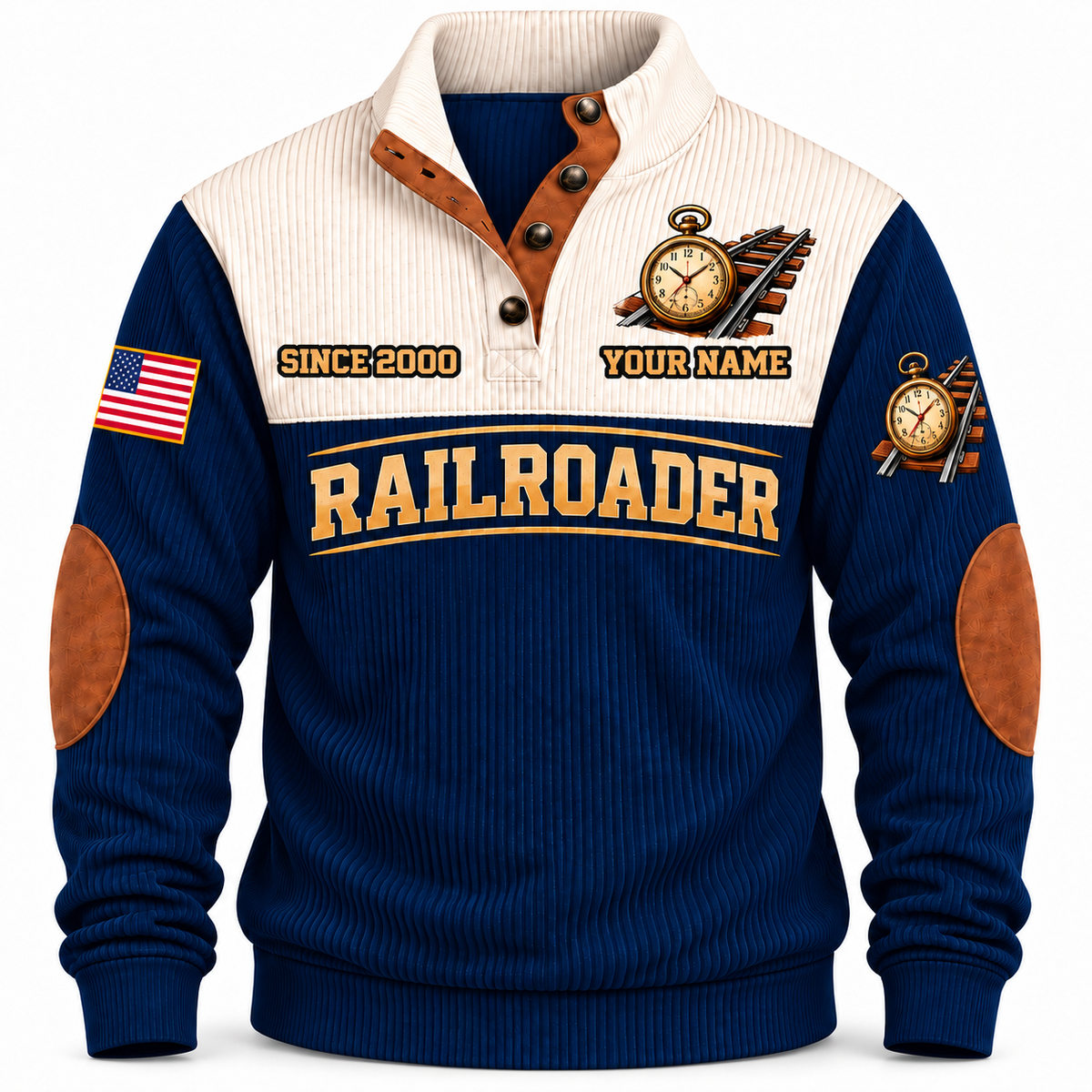 Personalized Railroader Knowledge Carried Forward Sports Sweatshirt — navy standalone front with YOUR NAME and SINCE 2000 preview