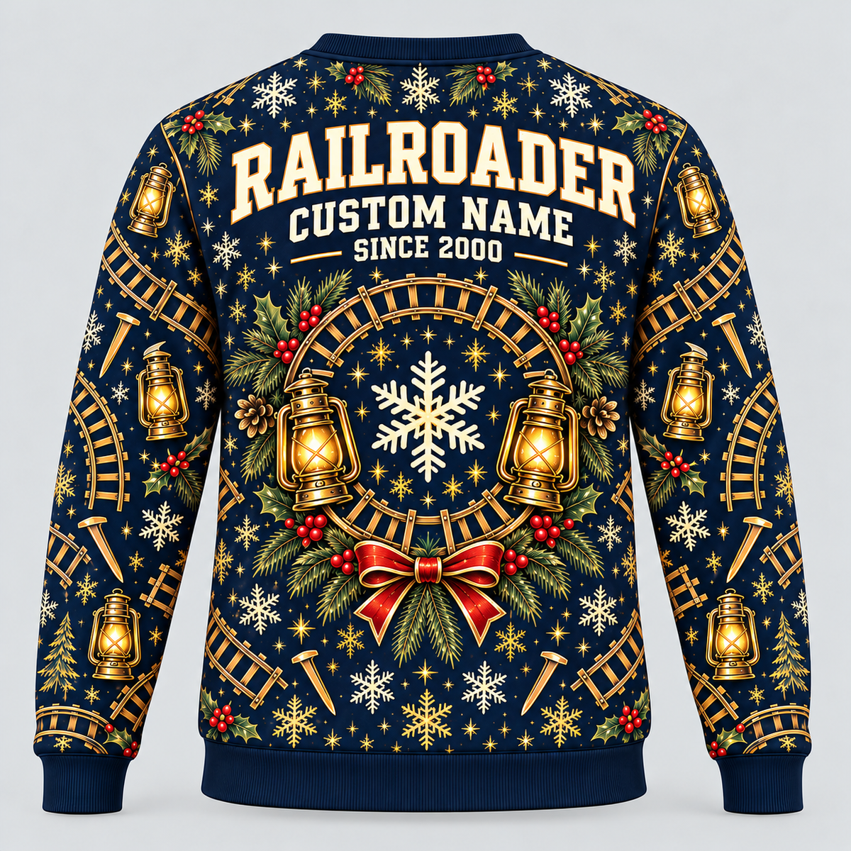 Railroader Holiday Lantern crewneck back with track wreath, lanterns and personalization placeholders