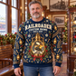 Adult wearing the Railroader Holiday Lantern crewneck sweater in a restored railway depot lounge