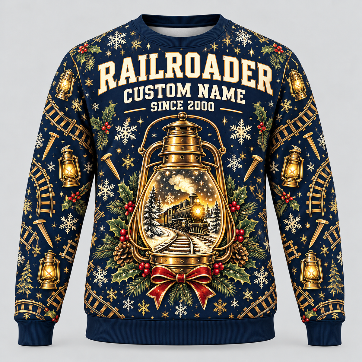 Railroader Holiday Lantern crewneck front with CUSTOM NAME and SINCE 2000 design placeholders