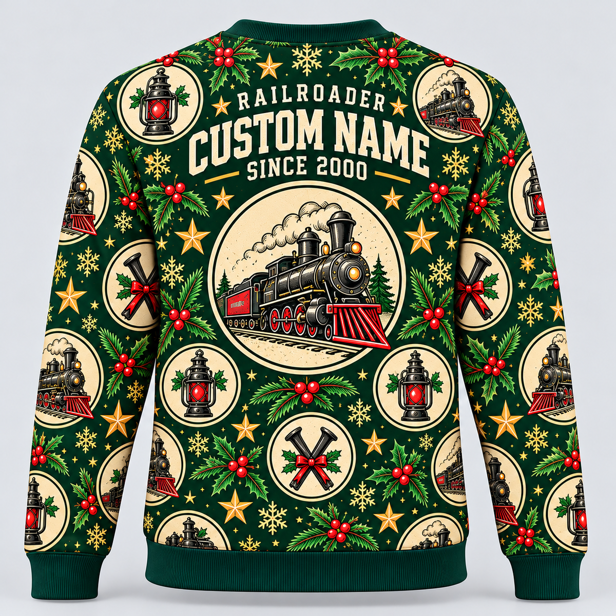 Railroader Holiday Repeat crewneck back with large locomotive medallion and name/year placeholders