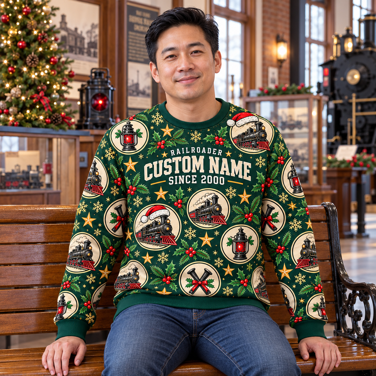 Adult seated in a heritage railway visitor center wearing Railroader Holiday Repeat crewneck