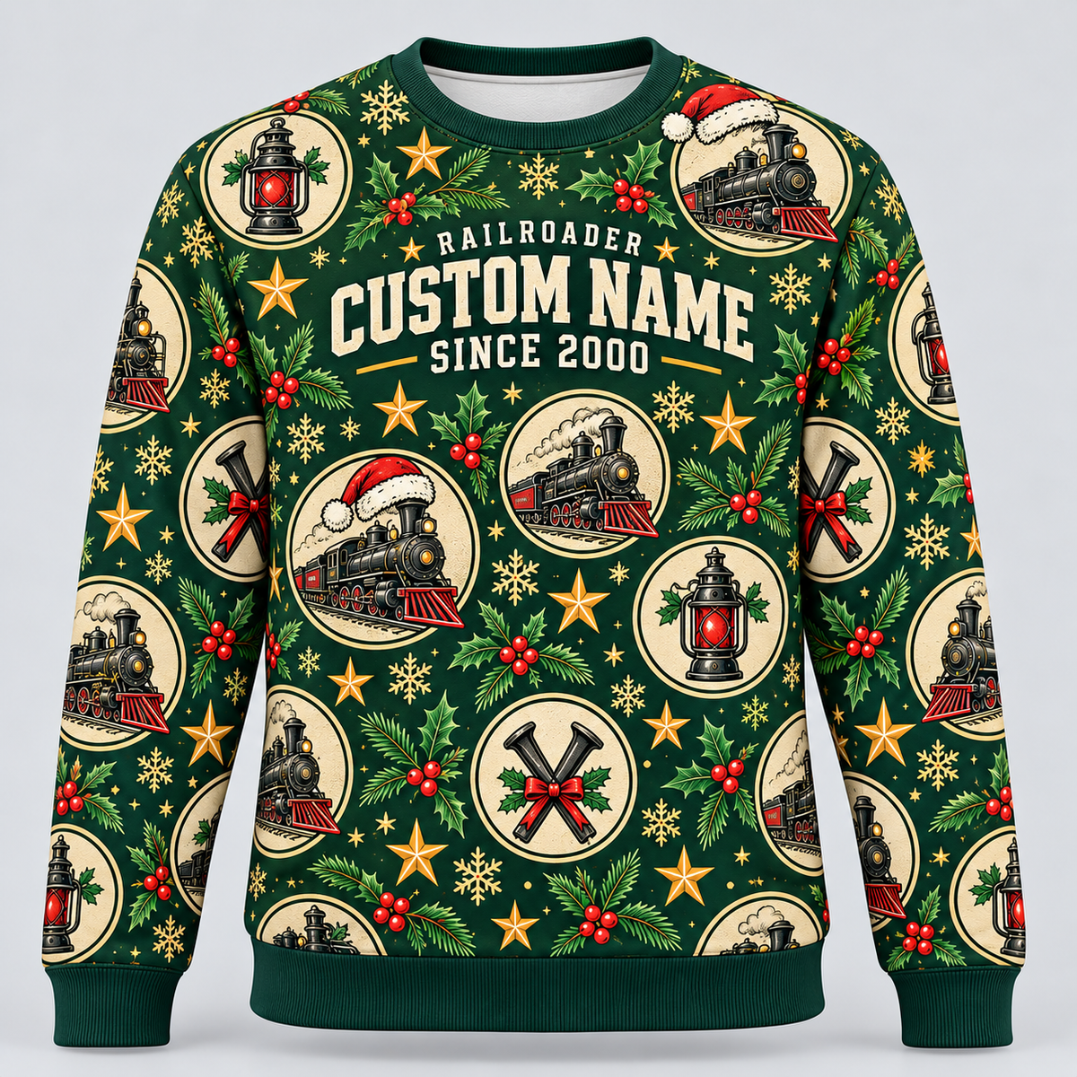 Railroader Holiday Repeat crewneck front, deep green with cream railway medallions and name/year placeholders