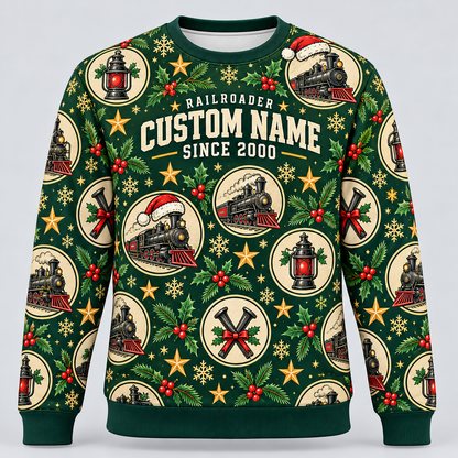Railroader Holiday Repeat crewneck front, deep green with cream railway medallions and name/year placeholders