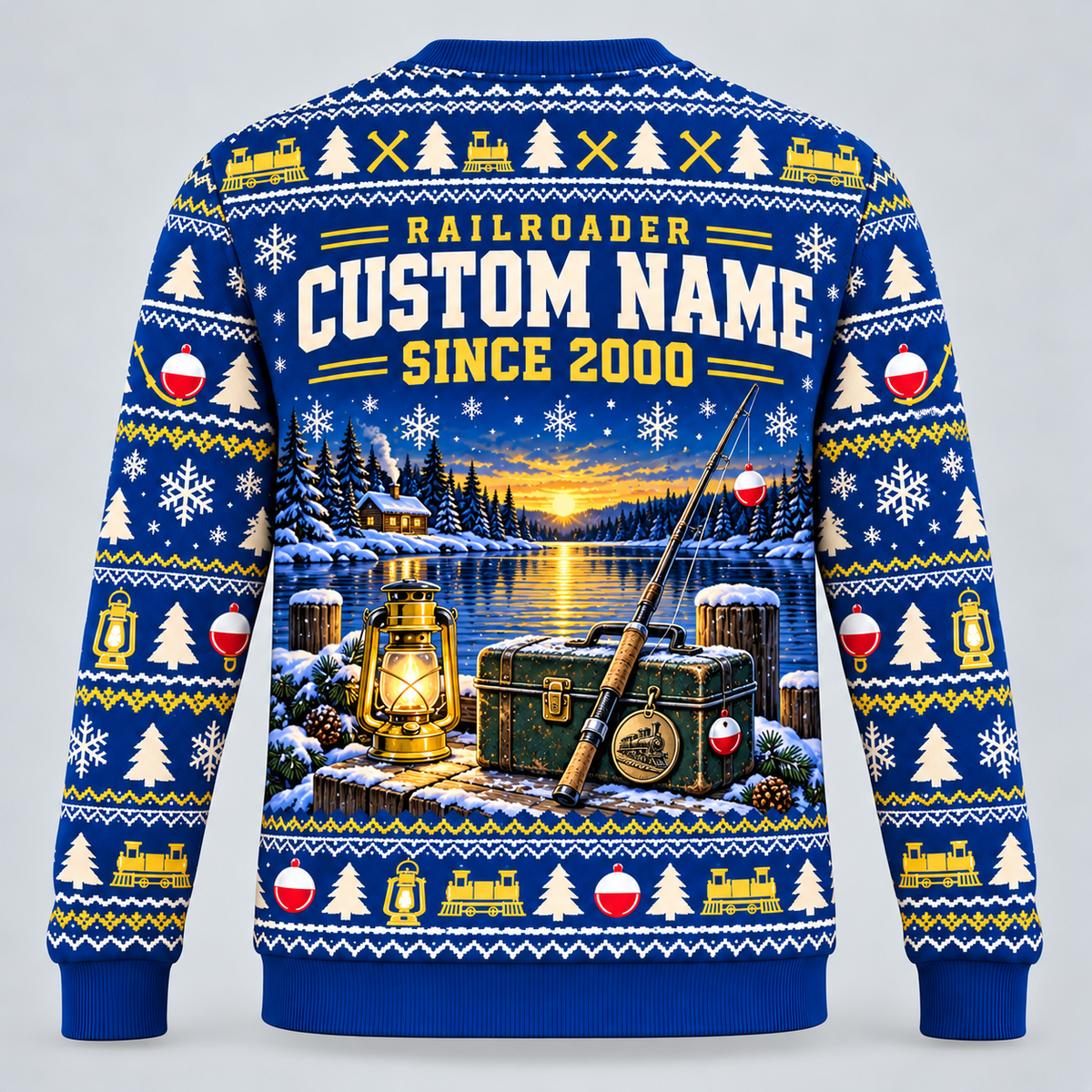 Railroader Gone Fishing Christmas crewneck back with illustrative name/year text