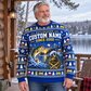 An adult on a lakeside cabin porch wearing the Railroader Gone Fishing Christmas crewneck