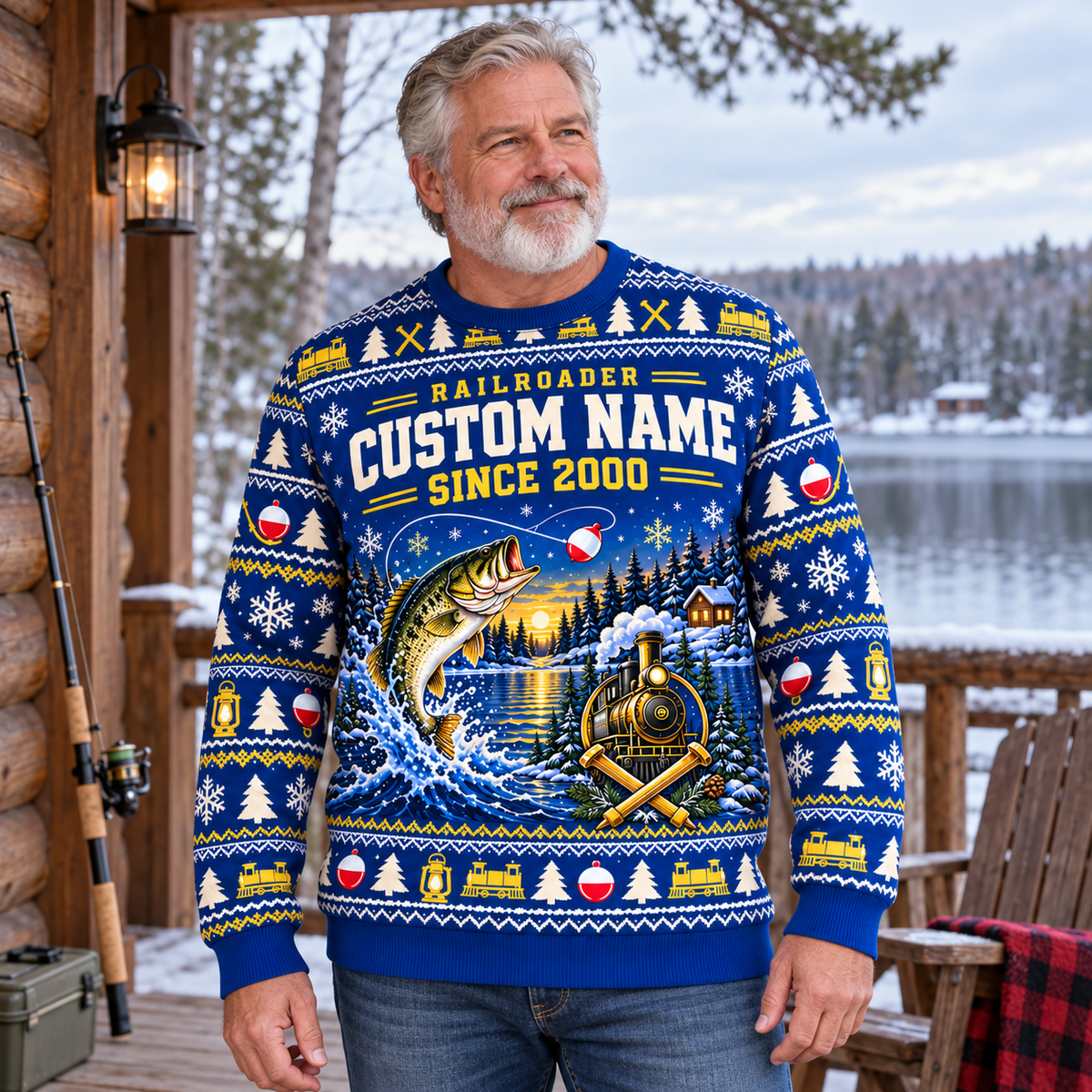 An adult on a lakeside cabin porch wearing the Railroader Gone Fishing Christmas crewneck