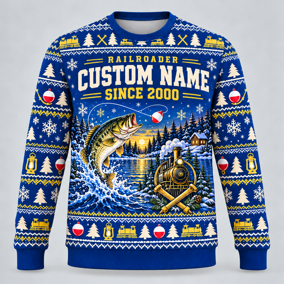 Railroader Gone Fishing Christmas crewneck front with illustrative name/year text