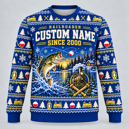 Railroader Gone Fishing Christmas crewneck front with illustrative name/year text