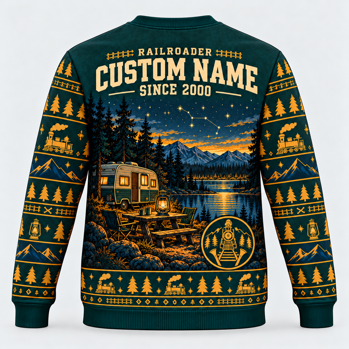 Railroader Camp Lantern crewneck back with illustrative name/year text