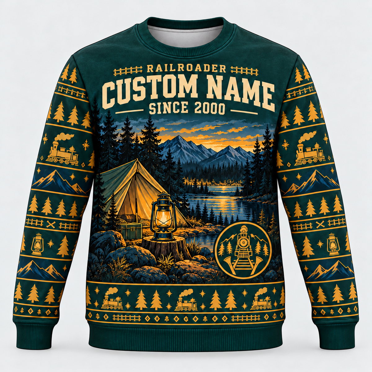 Railroader Camp Lantern crewneck front with illustrative name/year text