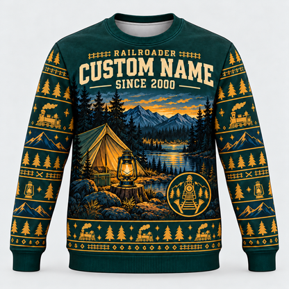 Railroader Camp Lantern crewneck front with illustrative name/year text
