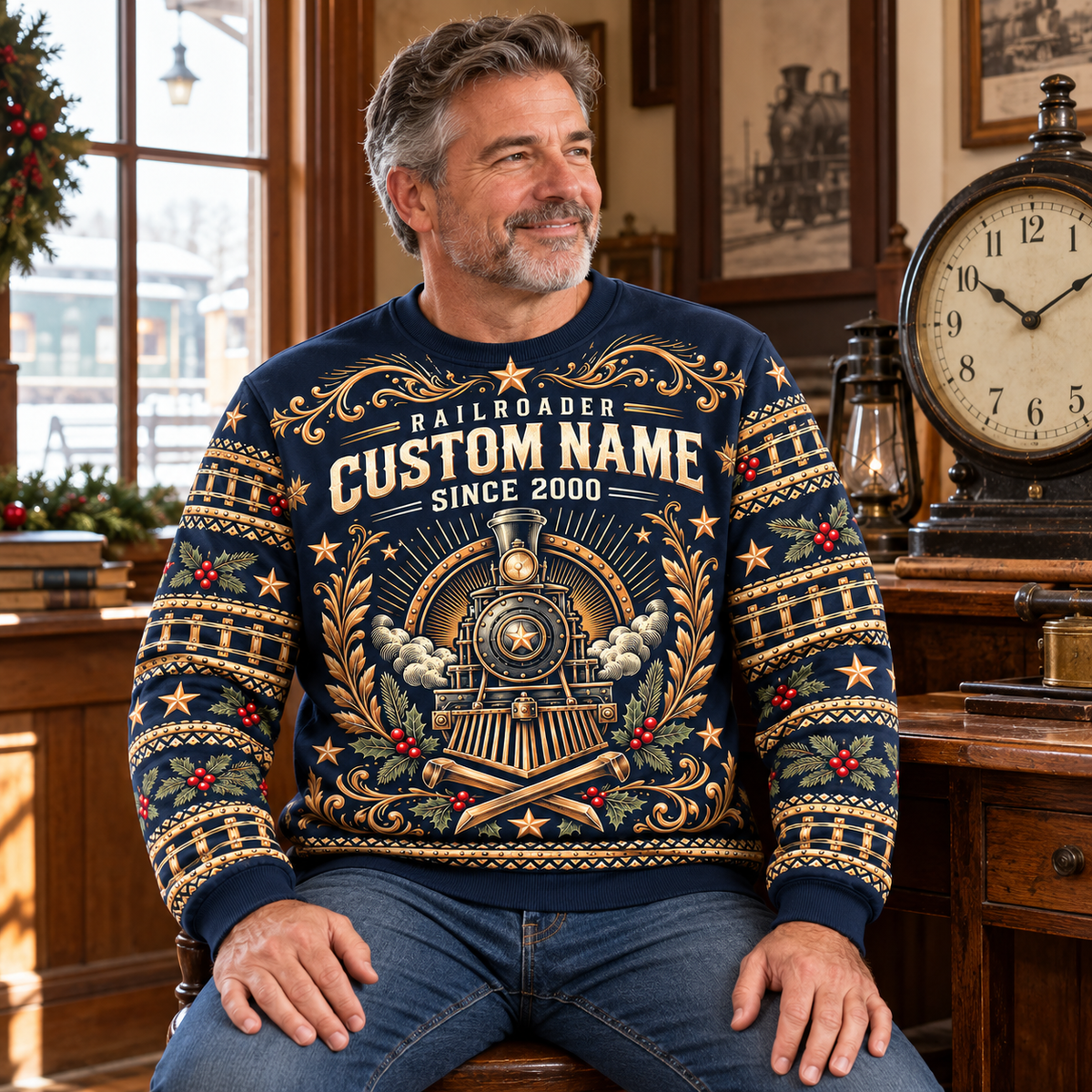 Seated adult beside an antique railway clock wearing Railroader Heritage Holiday crewneck