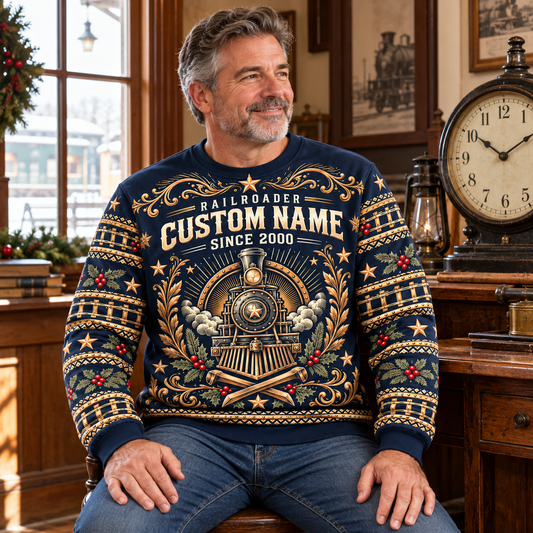 Seated adult beside an antique railway clock wearing Railroader Heritage Holiday crewneck