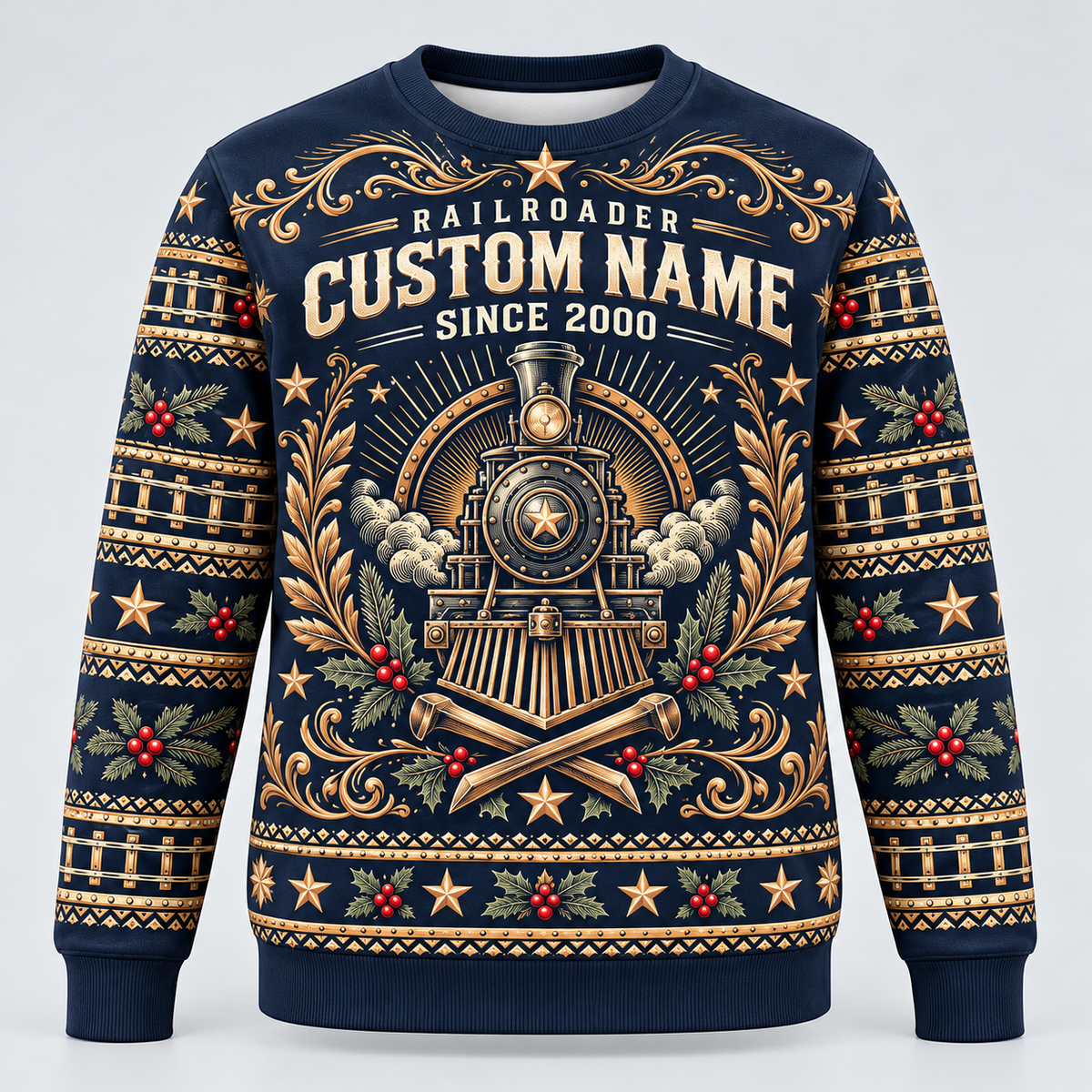 Railroader Heritage Holiday crewneck front with CUSTOM NAME and SINCE 2000 placeholders