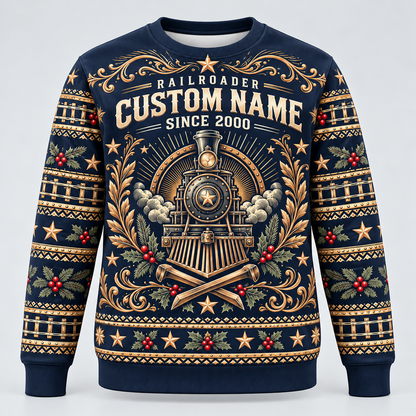 Railroader Heritage Holiday crewneck front with CUSTOM NAME and SINCE 2000 placeholders