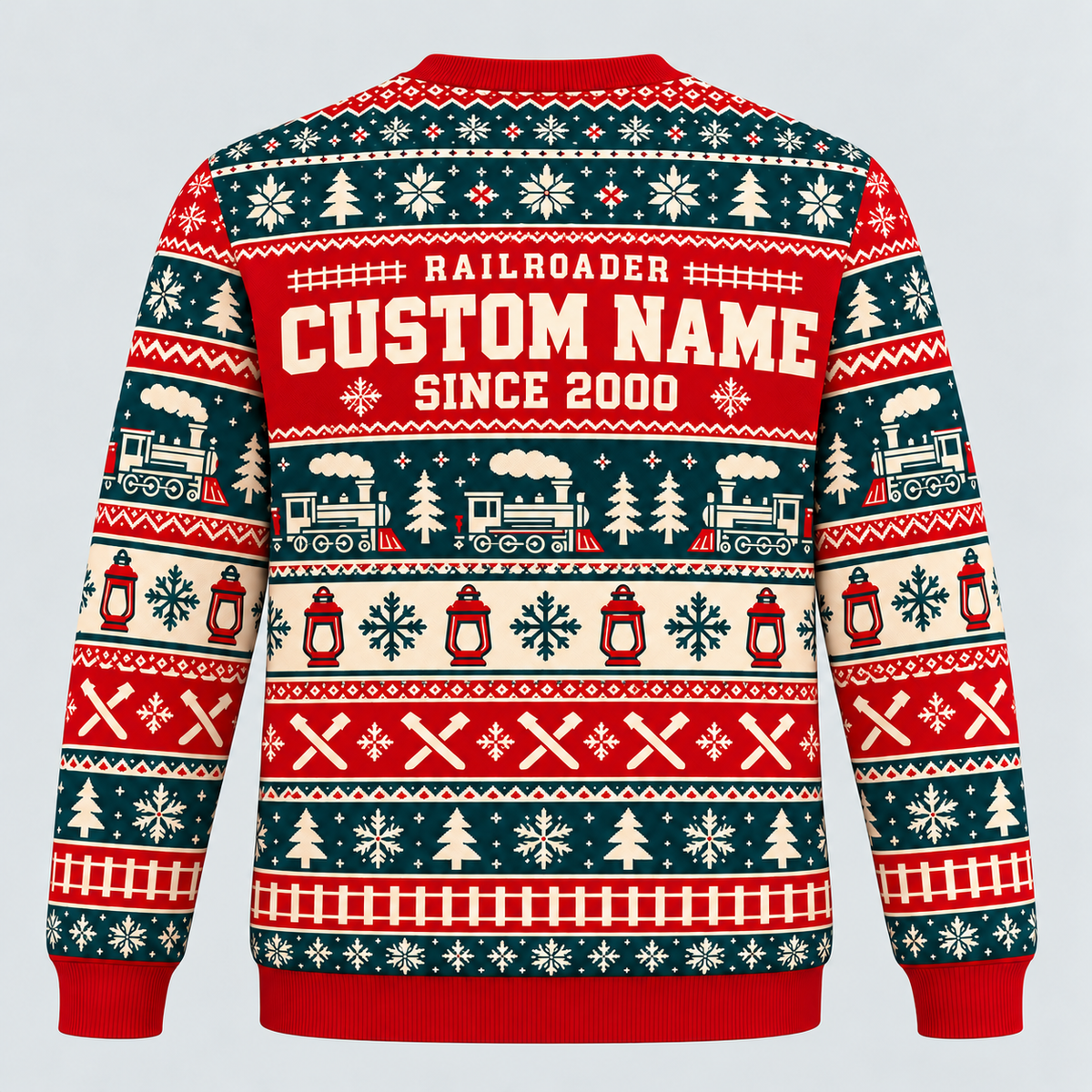 Railroader Fair Isle Christmas crewneck back with illustrative name/year text