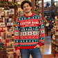 Adult in a railway museum gift-shop lounge wearing Railroader Fair Isle Christmas crewneck