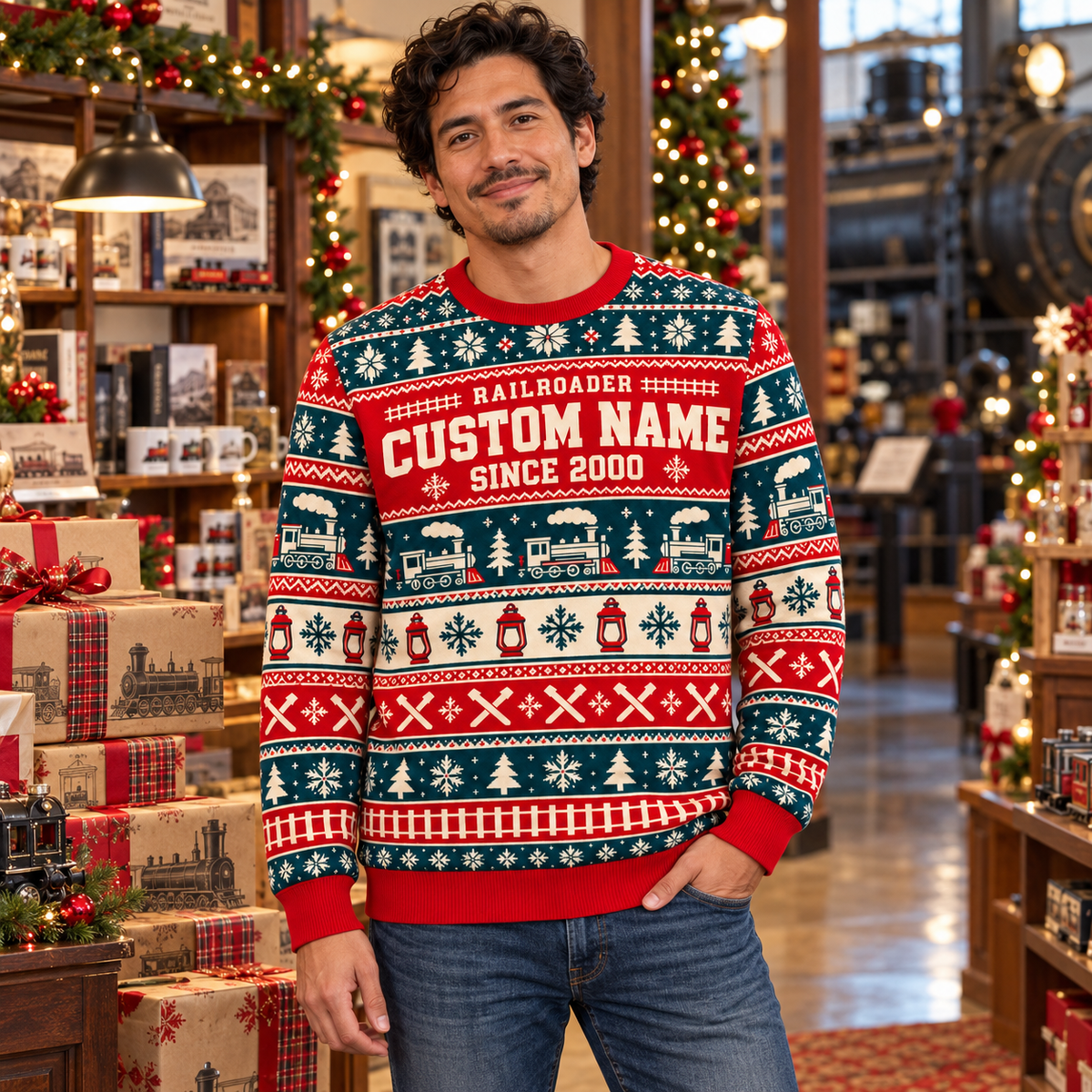 Adult in a railway museum gift-shop lounge wearing Railroader Fair Isle Christmas crewneck