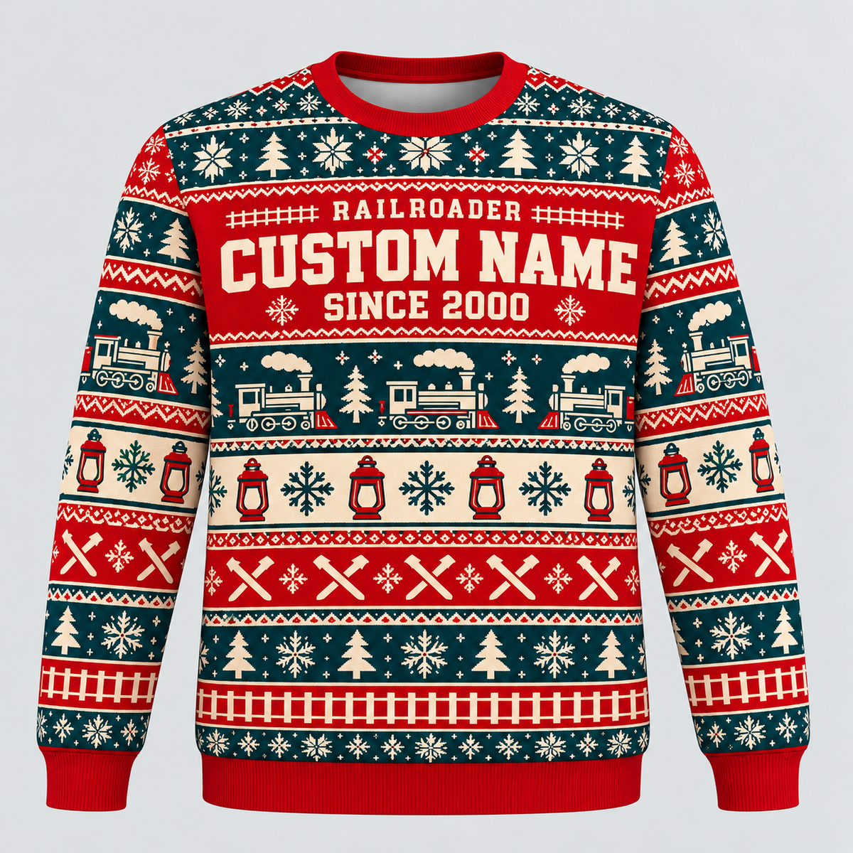 Railroader Fair Isle Christmas crewneck front with CUSTOM NAME and SINCE 2000 placeholders