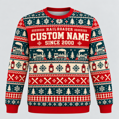 Railroader Fair Isle Christmas crewneck front with CUSTOM NAME and SINCE 2000 placeholders