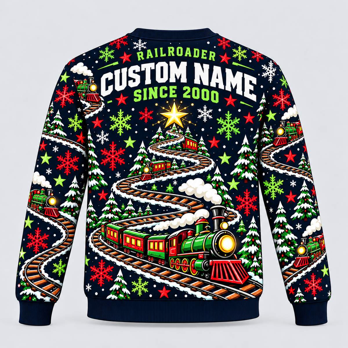 Railroader Holiday Rail Mix crewneck back with illustrative name/year text
