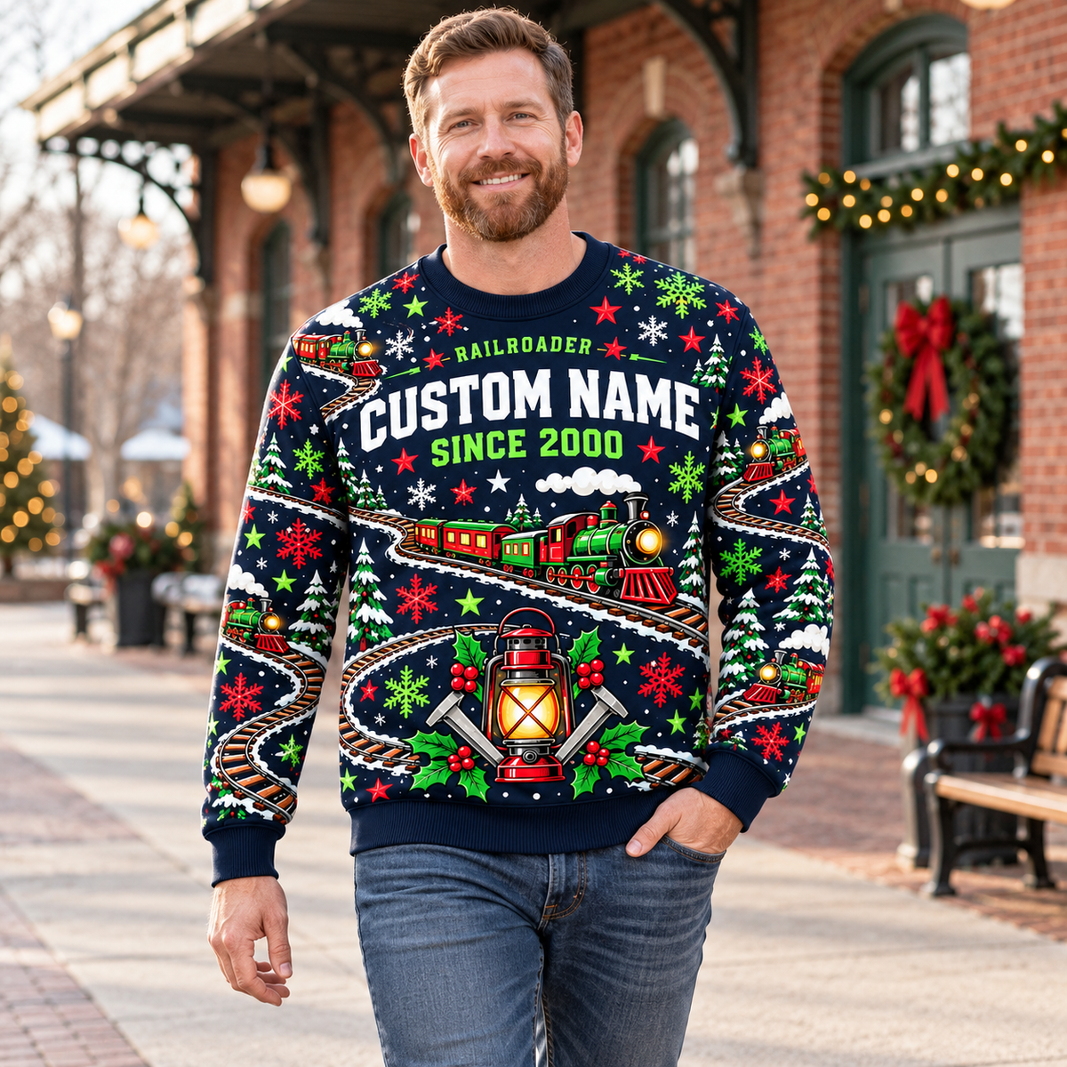 Adult walking on a pedestrian path outside a heritage depot wearing Railroader Holiday Rail Mix crewneck