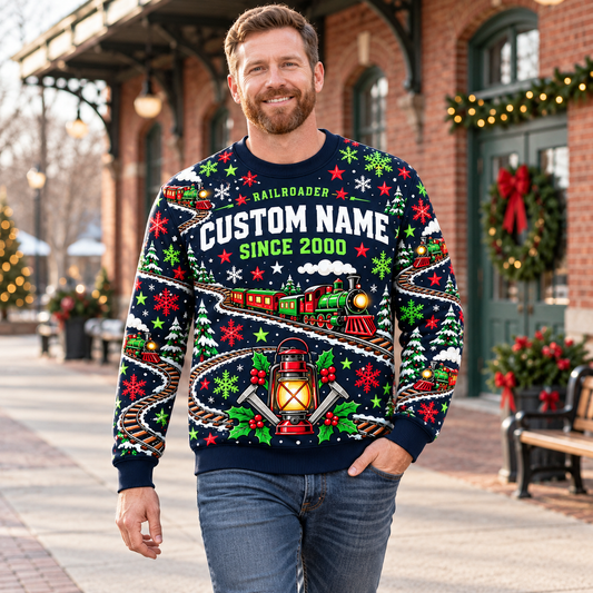 Adult walking on a pedestrian path outside a heritage depot wearing Railroader Holiday Rail Mix crewneck