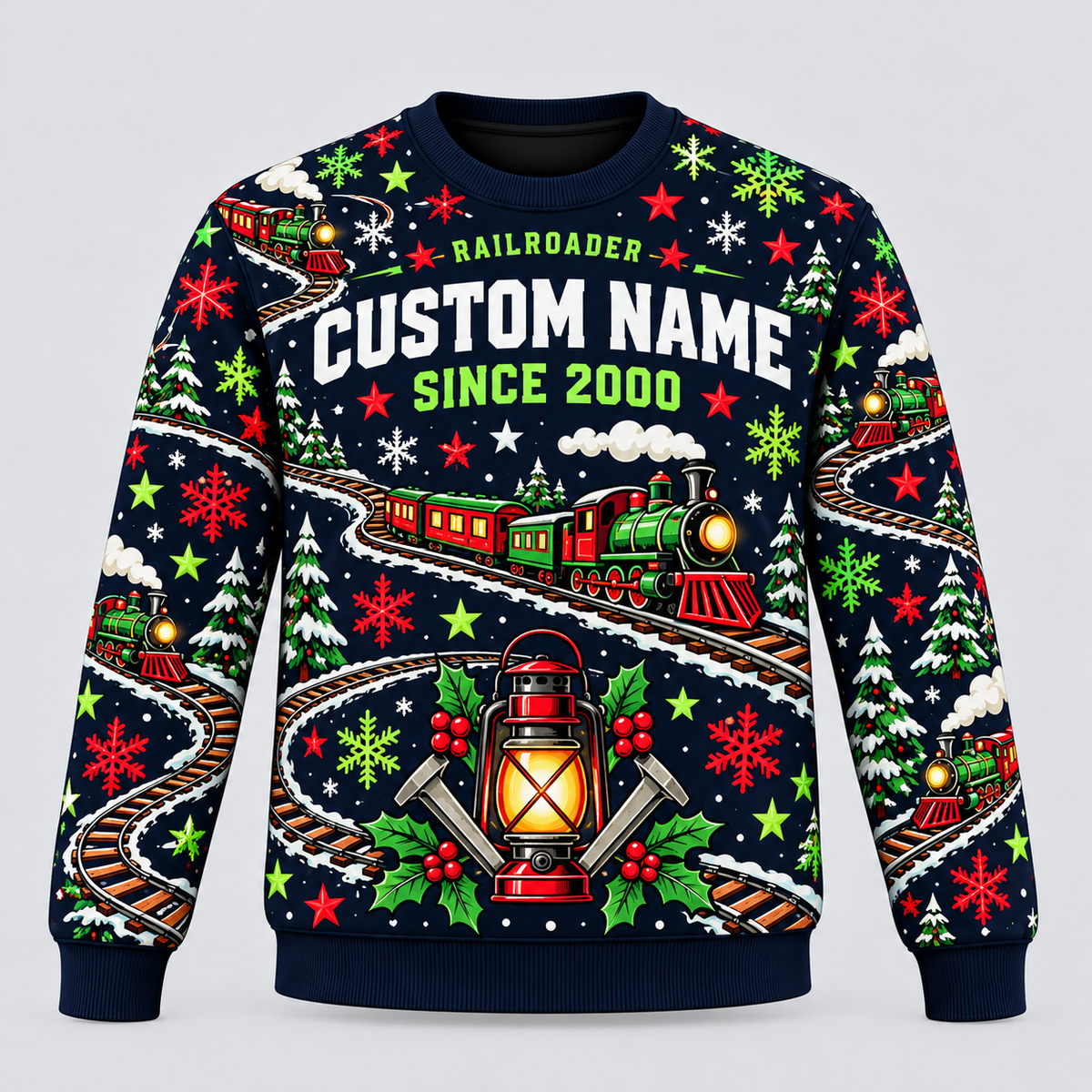 Railroader Holiday Rail Mix crewneck front with CUSTOM NAME and SINCE 2000 placeholders