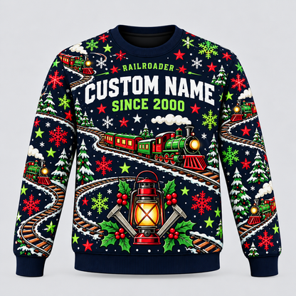 Railroader Holiday Rail Mix crewneck front with CUSTOM NAME and SINCE 2000 placeholders