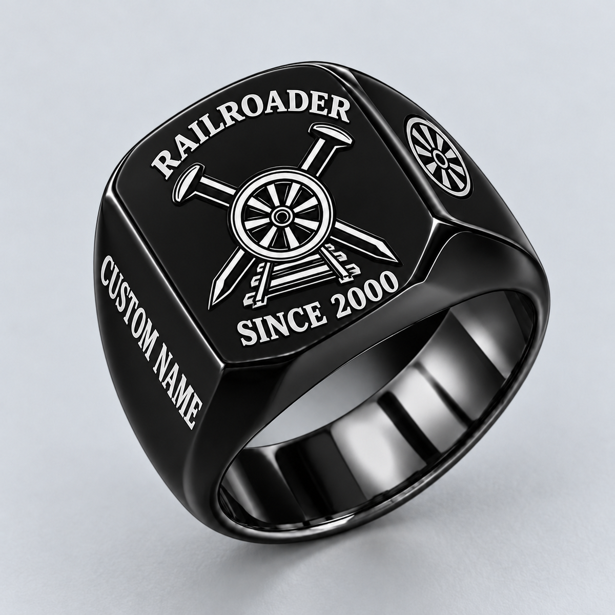 Black Railroader Classic Emblem Name and Year ring with railway wheel, crossed spikes and track artwork and illustrative CUSTOM NAME and SINCE 2000
